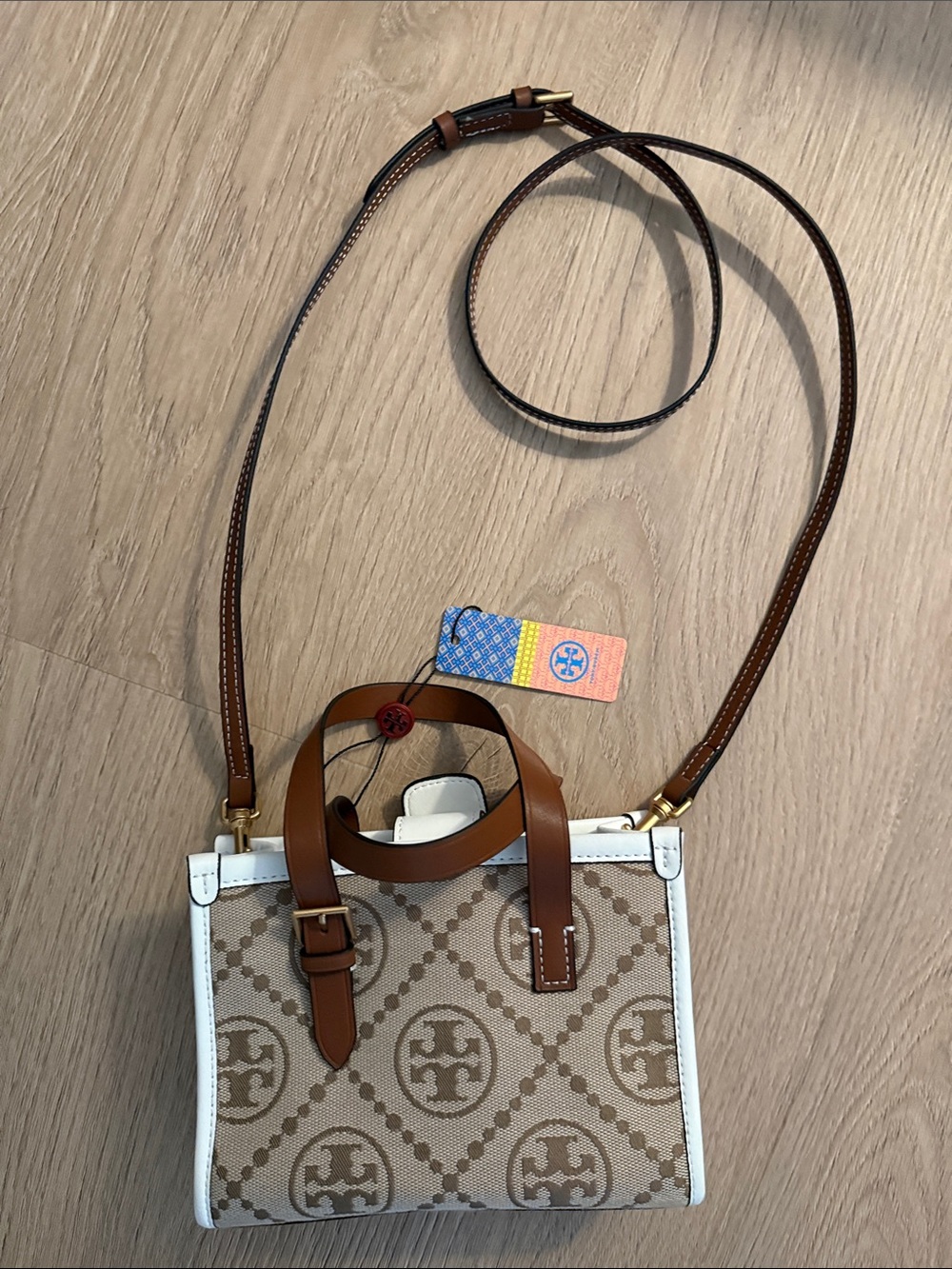 Tory Burch Beige Monogram Canvas Tote with Brown Leather Trim - Picture 4 of 6